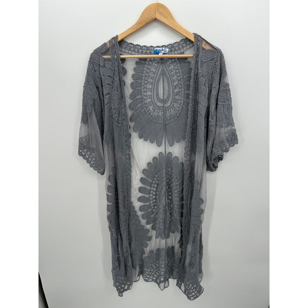 Rebellion Lace Kimono Cardigan Gray Sheer Boho Festival Duster Women Sz L Hippie